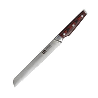 China 8 Inch Sustainable Japanese Damascus Kitchen Steel Bread Knife With Pakka Wood Handle for sale