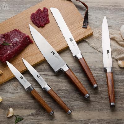 China Viable OEM 5 Pieces Sandal Handle 3Cr13 Stainless Steel Blade Red Wood Kitchen Chef Knife Set for sale