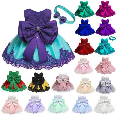 China Anti-wrinkle baby wedding dress fashion bow birthday dress party wear lace big new designed trim little girls dress for sale