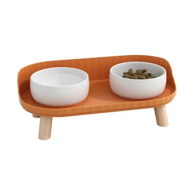 China Factory Stocked Direct Sale Customized Ceramic Pet Bowls With Stand Double Bowl Ceramic Pet Cat Feeder for sale