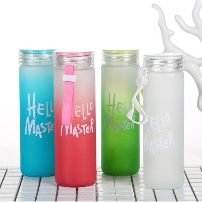 China Sustainable 420ml Frosted Portable Wide Mouth Colorful Reusable Glass Drinking Water Bottle With Plastic Cap for sale