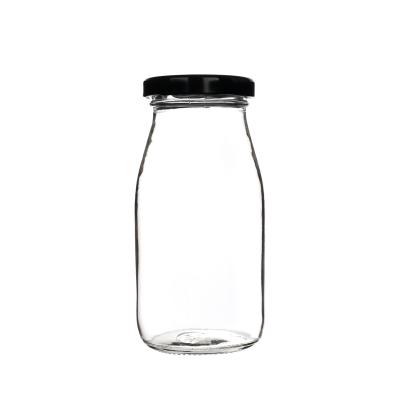 China Custom Logo Mouth 200ml Milk Beverage Coffee Food Beverage Bottle High Quality Flat Empty Transparent Jar Glass Bottle for sale