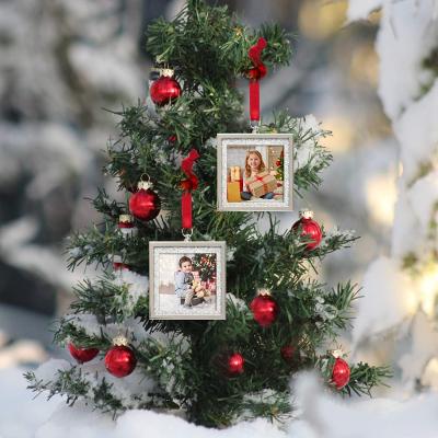 China Environmental Friendly Silver Metal Aluminum Alloy Christmas Ornaments Small Gift Photo Frame With Red String Wholesale Custom for sale