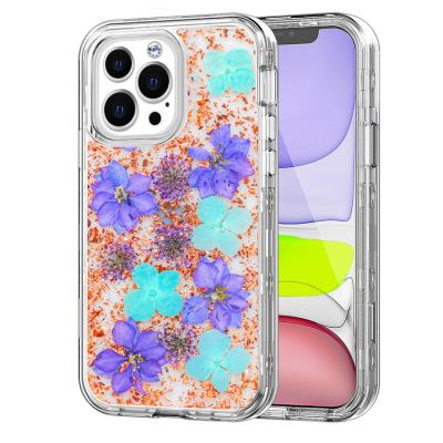 China Wholesale Shockproof Three Layers Heavy Duty Protective Real Dry Flowers Phone Case For iPhone 13 Pro 13 Max 13Pro 12 11 for sale