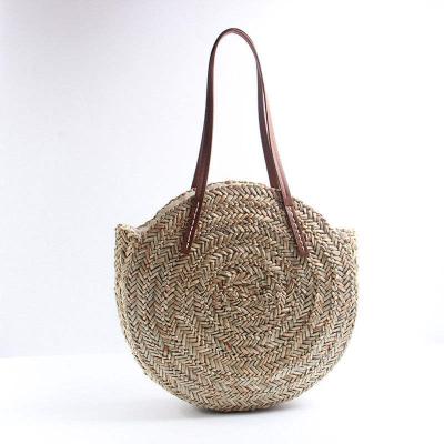 China Palm Basket Eco-Friendly Bag Around Straw Bag Women Hand Woven Beach Bag Oval Circle Handbag for sale