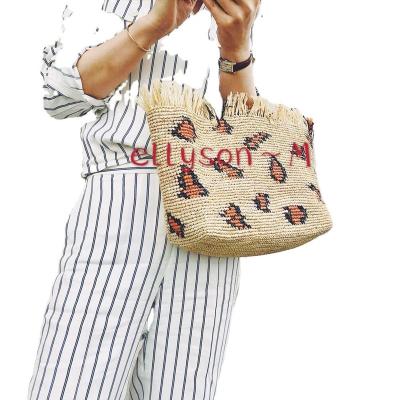 China Ellyson Hot Sale Summer Beach Vacation Fashion Paper Leopard Print Ladies Straw Single Shoulder Crossbody Bag Large Capacity for sale