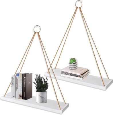 China Wall Hanging Tufted Floating Shelves Wooden Wall Shelf Swing Rope Floating Shelves for sale