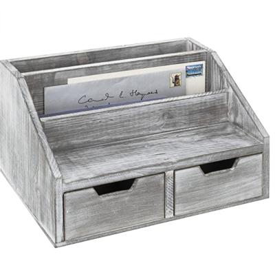 China Gray Whitewashed Wood Desktop Document and Mail Organizer with 2 Slide-Out Drawers for sale