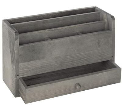 China Durable Rustic Gray Wooden Desktop 5-Slot Wooden Desk Organizer Mail Document And Stationery Rack With Drawer for sale