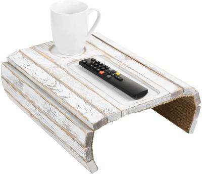 China Bleached Solid Wood Stocked Sofa Couch Arm Tray Table With Remote Control TV Cup And Grooves for sale