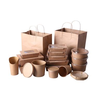 China Stocked Biodegradable Disposable Kraft Paper Take Away Quick Food Packaging Lunch Box Tableware for sale