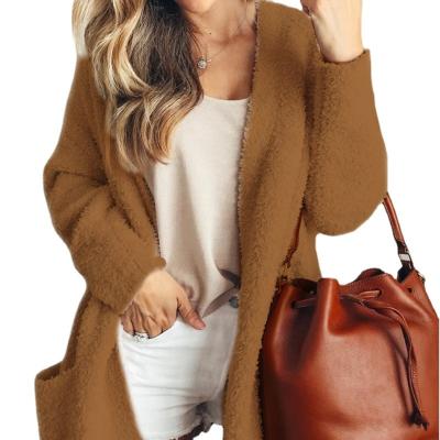 China Fashion Breathable Soft Tops Elegant Fleece Clothes Pocket Casual Solid Double-sided Velvet Long Sleeve Loose Sweater Plus Size Cardigan for sale