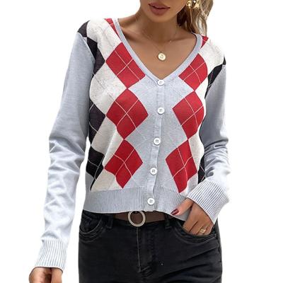 China hot sale Anti-wrinkle winter Argyle Jackets v-neck button new knitted crop coat Autumn Women Clothing Wholesales Ladies sweater cardigan for sale