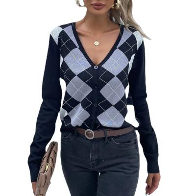 China Lady Slim Jacquard Stitching Argyle Autumn Cardigan Knitted Sweater Women Office Coat Jacket Casual Plaid Button V-Neck Anti-Wrinkle Hot Sale for sale