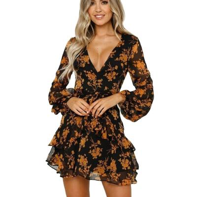 China Viable Custom Made Casual Lady Dress Office Vestidos 2022 Autumn New Fashion Floral Spring Chiffon V-neck Print Long Sleeve Dress Long Dress for sale