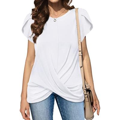 China Anti-Wrinkle Women's Clothing Casual White Blouse Tee Chic Fashion Tops Soft Petal Short Sleeve Bubbling O-Neck Knot Plus Size T-shirt for sale