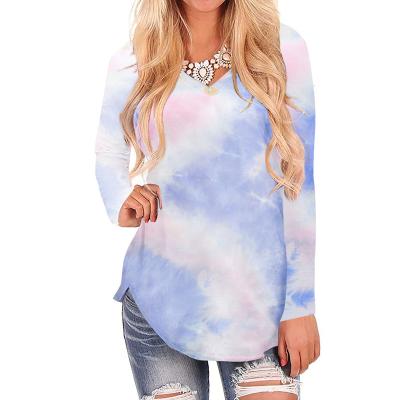 China Wholesale Anti-Wrinkle Spring Tie Dye Gradient Blouse Women Clothes Long Sleeves O-Neck Tee Shirt Fashion Tops Plus Size Casual Loose T Shirt for sale