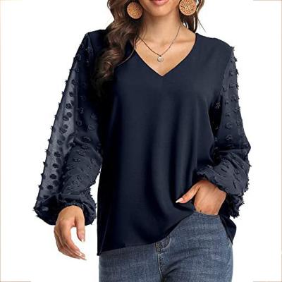 China 2022 Autumn American New Loose V-Neck Puff Sleeve Jacquard Lace Anti-Wrinkle Spring Stitching Short Sleeve Blouse WomenCasual Chiffon Tops for sale