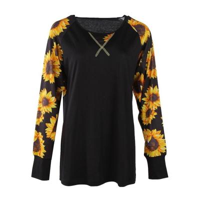 China Anti-Wrinkle Spring Sunflower Print Tee Shirt Fashion Long Sleeve Raglan Tops O-Neck Cotton Blouse Casual Street Plus Size T Shirt For Women for sale