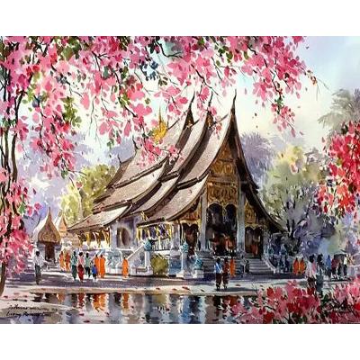 China Modern Print Painting Thai Classical Temples and Peach Blossom Trees DIY Oil Painting By Numbers for sale