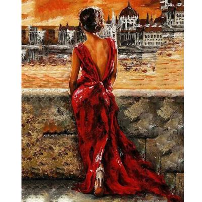 China Oil Painting Modern Classic Style Red Dress Woman By River Oil Painting By Numbers For Home for sale