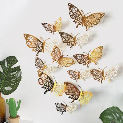 China Recycled And Easy To Use 3D Butterflies Wallpaper Rose Gold Creative Silver Butterfly Sticker Gold For Living Room Self Adhesive Wall Decal for sale