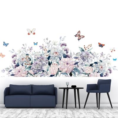 China Camellia Flower Wall Sticker Colorful Butterflies Light Pink Blue and Purple Decorative Sticker Wallpaper for Girl's Bedroom Warm Home Decor for sale