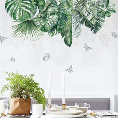 China Hot Selling Tropical Plant Large Leaves Wallpaper Self-adhesive Hot Green Cute Butterfly Sticker Self-adhesive Bedroom Wall Decal for sale