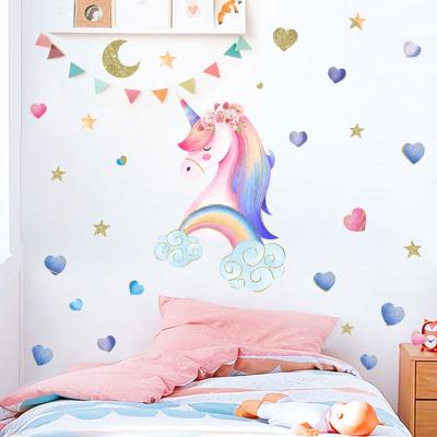 China Unicorn Rainbow Love Heart Wallpaper Stars With Wreath Wall Decorative Sticker Decal And Cute Moon Wall Mural For Kid's Bedroom Living Room for sale