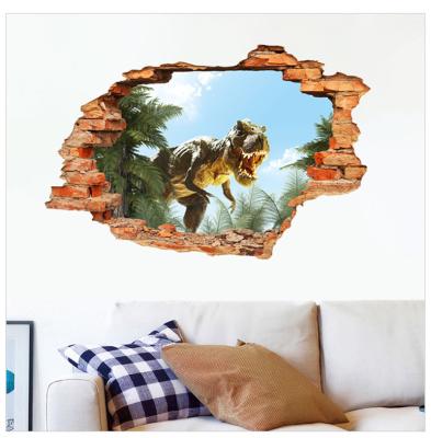 China Fierce Tyrannosaurus Rex Broken Wall Sticker Boy Bedroom 3D Decorative Wallpaper TV Sofa Background Wall Decal for sale