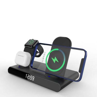 China Table Desk Alarm Clock Mobile Phone 5in1 Digital Wireless Charger With Time Display for sale