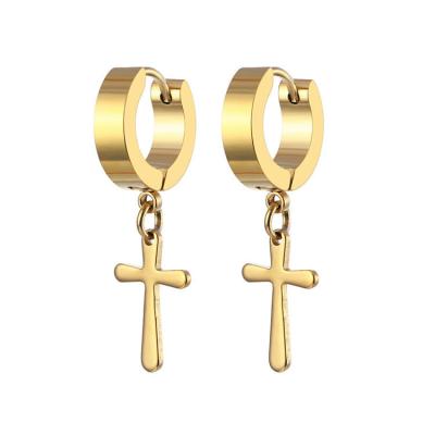 China CLASSIC High Quality Stainless Steel Jewelry Gold Plated Cross Dangle Huggie Circle Earrings Piercing Jewelry for sale