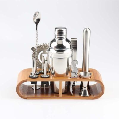 China Disposable Professional Barware Tools Wooden Stand Travel Gift Stainless Steel Bartender Kit Bar Accessories Jigger Cocktail Shaker Set for sale