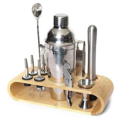 China Disposable Stainless Steel Professional Mixology Bartender Kit Barware Tools Cocktail Shaker Set Wine Mixer with Bamboo Stand for sale