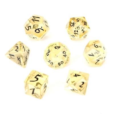 China Business and Dragons Crystal Engrave Dungeons Game Synthetic Citrine Number Gifts Die Cut RPG Polyhedron Stone Die Set Handmade Customized Ornament for sale