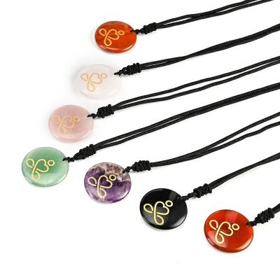 China CLASSIC Natural Stone Engrave Yoga Chakras Abstract Pattern Reiki Symbol Pendant Heal Crystal Charm Jewelry Men Women Necklace Wholesale for sale