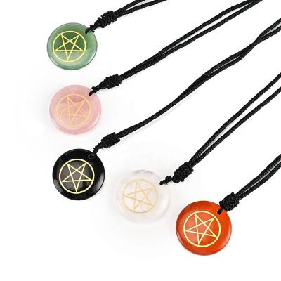 China CLASSIC Natural Stone Reiki Symbol Charm Necklace Pendant Engrave Ancient Egypt Pentagram Star Healing Crystal Amulet Amethyst Jewelry for sale