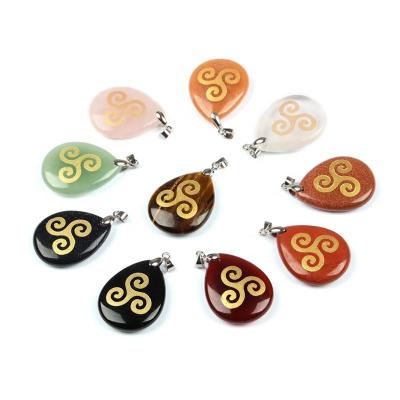 China CLASSIC Natural Stone Water Drop Shape Charm Pendant Handmade Carve Celtic Triskels Reiki Symbol Jewelry Men Women Crystal Necklace for sale