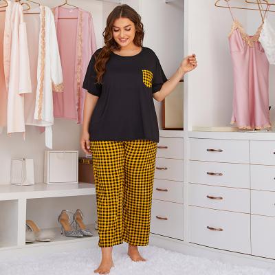 China QUICK DRY Homewear Plus Size Lattice New Large Size Round Neck Pants Homewear Suit Short Sleeve Pajamas For Women for sale