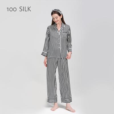 China Autumn Striped Silk Pajamas Mulberry 100% Silk Long Sleeve Pants QUICK DRY Silk Homewear Suit for sale