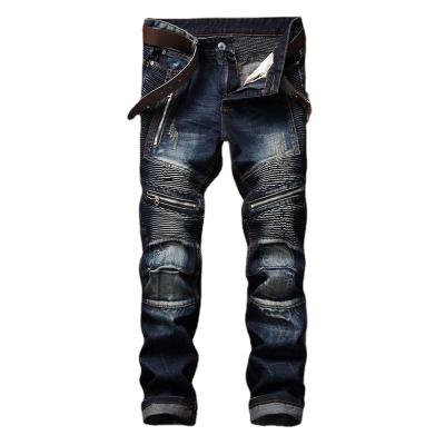 China New European and American motorcycle QUICK DRY plus size men's jeans pleats and holes slim fit men's denim pants for sale