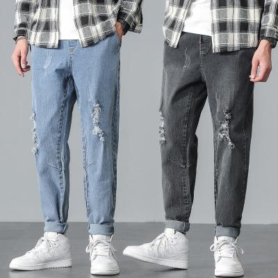 China QUICK DRY men's casual high end stretch ripped stretch jeans straight loose big men's jeans with straps for sale