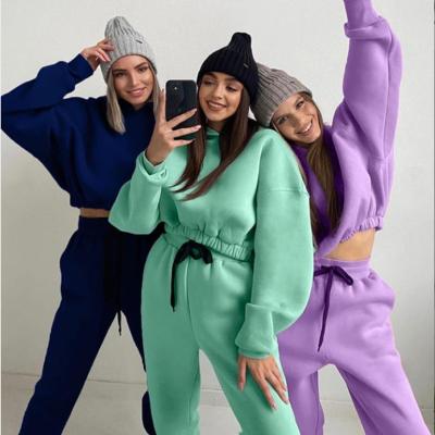 China 2021 Fashion Breathable Solid Color Long Sleeve Winter Hoodies Women Spandex Sweatpants And Hoodie Set for sale