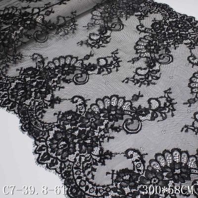 China Viable Black Flowers Chantilly Eyelash Lace Fabric 300*58cm Eyelash Lace Dress Best-Selling Lace Wide for sale