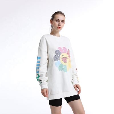 China Hot Selling Anti-pilling Autumn Women Loose Fit Rainbow Color Flower Print Plain Color Pullover Sweatshirt for sale