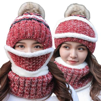 China COMMON Set Skullies Beanie Hat Riding Hat Female Woolen Ear Protector Ear Protector Bib Mask Velvet 3 Hats Women Winter Beanies Thick Warm Knitted Hat for sale