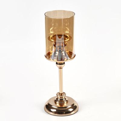 China Home Decoration Other Candlestick Wedding Decoration Gold Metal Hurricane Luxury Tall Glass Candle Holders for sale