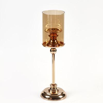 China Home Decorative Glass Candlestick Gold Metal Tealight Wedding Empty Candle Jars Hurricane Holders for sale