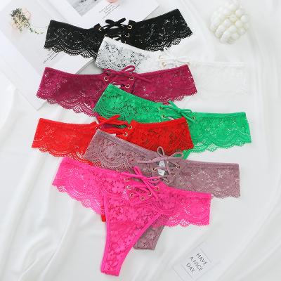 China Breathable Lace stitching alloy circular ring sweet bow semi transparent sexy comfortable breathable women's thong for sale