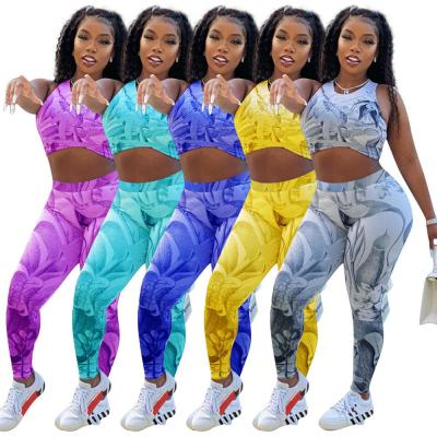 China IHJ4755 Breathable Yoga Fitness Suit Womens Casual Printing Two Piece Vest Sets for sale